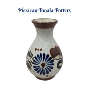 Mexican Tonala Pottery Small Vase Hand Painted Flower Leaves 3.75 x 1.5 Any Room
